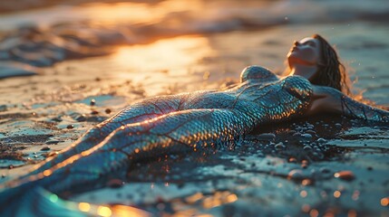 Beautiful mermaid lying on the sand by the ocean, AI-generated. - obrazy, fototapety, plakaty