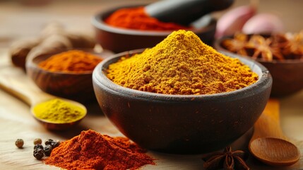 Vibrant spices on a rustic wooden table: a culinary journey in vivid colors - obrazy, fototapety, plakaty