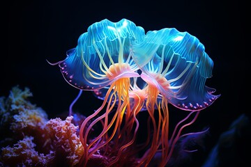 Obraz premium Vibrant Underwater Light Show: Bioluminescent Marine Life Studies