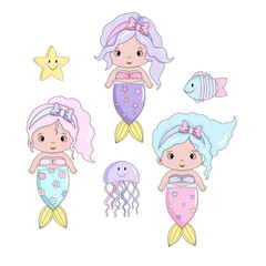 Cute mermaids set, collection. Mermaids stickers. For kids, children. Cute girls, princess, fairy, animals.Vector illustration isolated on white background