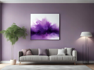 abstraktes lila weißes Bild über einem Sofa