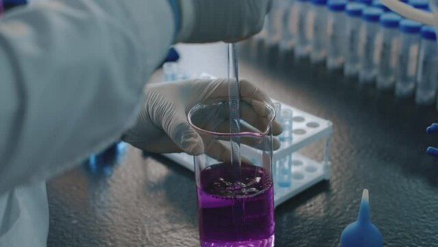 Close-up shot of hands of unrecognizable female lab technician or chemist, in white coat and gloves, stirring light purple permanganate solution in flask with glass straw, while preparing for tests