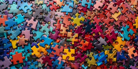 A pile of colorful jigsaw puzzle pieces