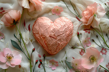 bouquet of pink roses,
Pink heart-shaped paper on white and pink floral,
