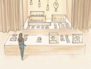 Elegant jewelry display at a highend auction house, focused lighting on exquisite pieces, wealthy clientele