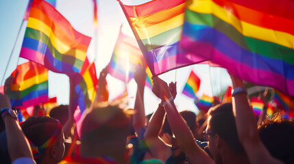 Rainbow Flags Waving over Joyful Crowd, Diverse People Celebrating LGBTQ+ Gay Pride Parade, City Street. Equality, Human Rights, Acceptance, Unity, Activism. Modern Society, Community, Party, Festival