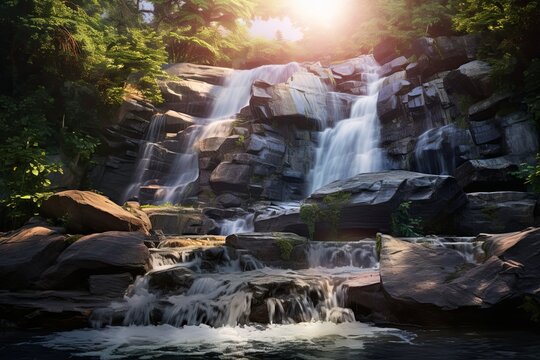 Captivating Sparkling Sunlight Waterfall Backgrounds: Cascading Waterfall Photo Marvels