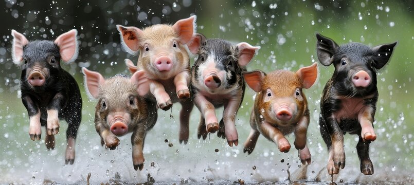 Energetic piglets gleefully frolicking in a muddy puddle with exuberant playfulness