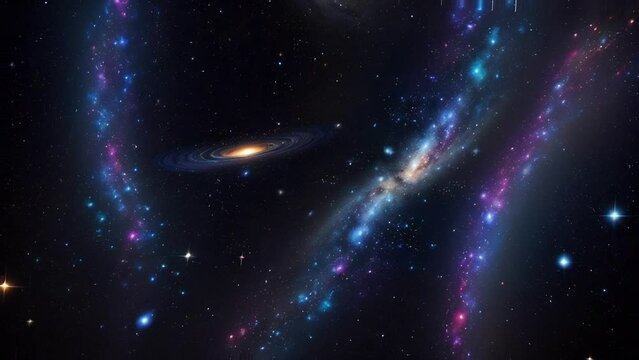 Stellar dust lanes swirl across cosmos, with clusters of stars bursting in vibrant colors against dark expanse of space