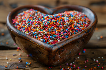 Selective focus photo of sprinkles in heart shape,
Colorful chocolate sprinkles pile frame granules isolated on white background
