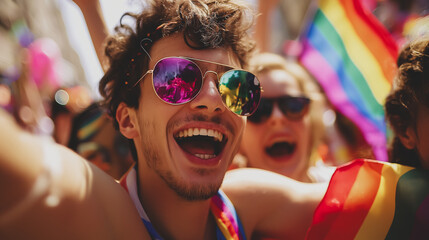 Happy Man Celebrating LGBTQ+ Gay Pride Parade with Friends. Crowd, Summer, City Street. Equality, Diversity, Human Rights, Unity. Modern Society, Community, Party, Fun, Festival, Rainbow Flag