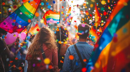 Rainbow Flags Waving over Joyful Crowd, Diverse People Celebrating LGBTQ+ Gay Pride Parade, City Street. Equality, Human Rights, Acceptance, Unity, Activism. Modern Society, Community, Party, Festival