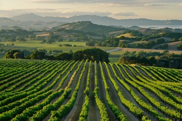 Elegant view of a vineyard at sunset, showcasing the vibrant green rows under a golden sky, with rolling hills and a serene lake in the background.