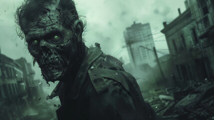 zombie in a destroyed city, apocalyptic landscape - obrazy, fototapety, plakaty