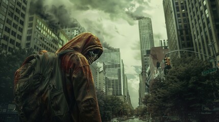 zombie in a destroyed city, apocalyptic landscape - obrazy, fototapety, plakaty