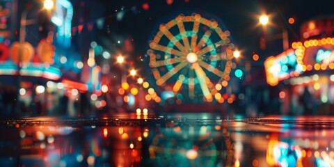 classic amusement park at night: a Ferris wheel casts a warm glow onto a busy street filled with colorful lights.