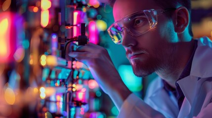 Quantum physicist in a quantum computing lab, forward-thinking, examining quantum chip, intense, styled with a futuristic glow. - obrazy, fototapety, plakaty
