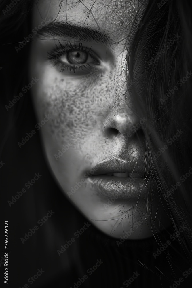 Poster AI generated illustration of a beautiful young woman's portrait in grayscale