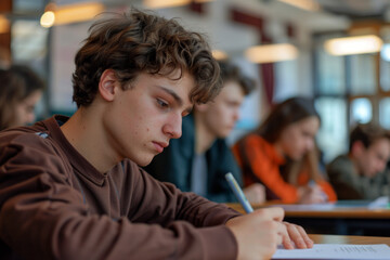 High school students taking exams in a classroom