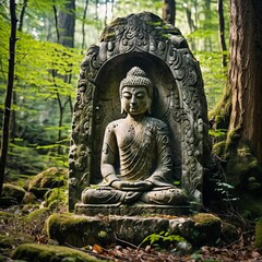 Ancient stone Buddha carving in tranquil forest clearing, hidden gem.