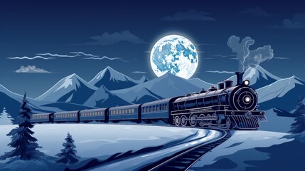 Vintage Train Journey under Full Moon Night - obrazy, fototapety, plakaty