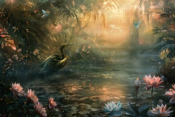 A painting of a pond with a bird and flowers. The mood of the painting is peaceful and serene