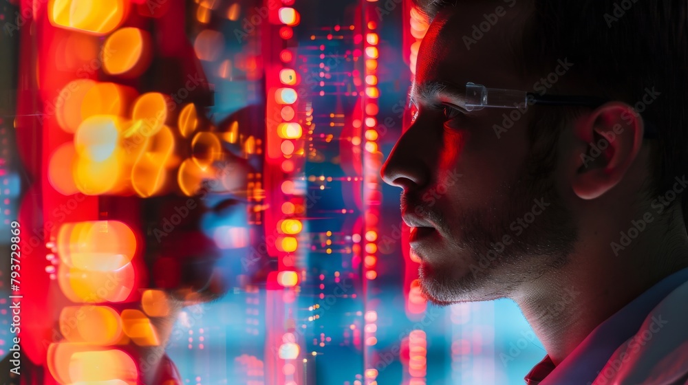 Poster quantum physicist in a research lab, introspective, looking at quantum computing elements, complexit