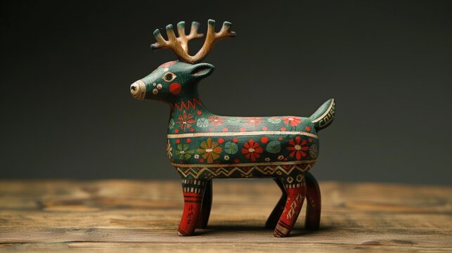 Hand-carved wooden reindeer figurine with colorful paint on a rustic backdrop