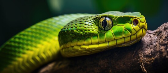 Fototapeta premium Closeup of a green Western green mamba snake on a branch in wildlife