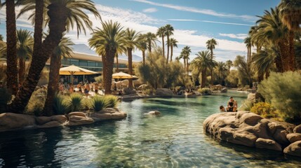 People in swimwear enjoying a pool amidst lush palm trees