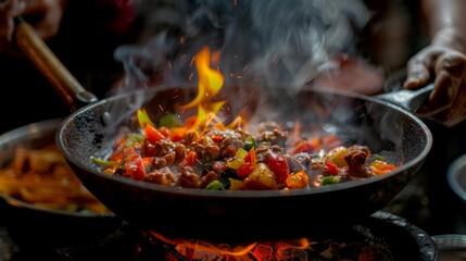 Gourmet preparations underway with pot on the flame, ingredients at hand