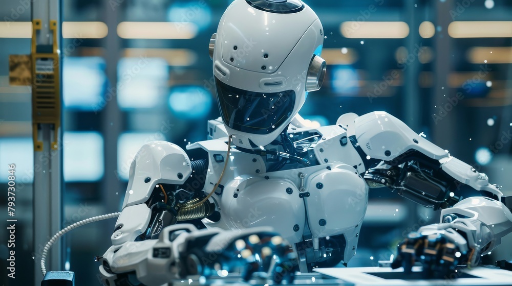 Poster robotics engineer in a robotics workshop, creative, programming a robot, intense focus, styled with 