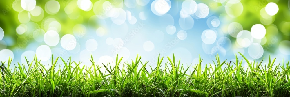 Poster blurred spring meadow with gradient sky and green grass bokeh for serene natural background