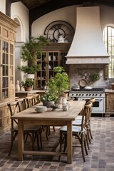 Fototapeta na wymiar A French country kitchen with distressed wood cabinetry, wrought iron accents, and a farmhouse table