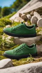 Green leather sneakers on grassy background