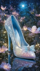 Enchanting ballet shoes in the forest under the moonlight, skillfully crafted from sparkle and dreams, embodying magic and beauty.