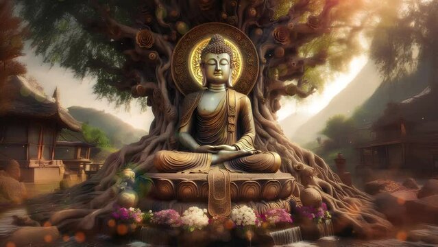 buddha under the bodhi tree, particles, spots, spirituality, mandala, holiness, AE animation, relaxation, mandala, holiness.