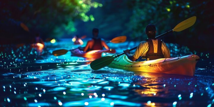 Tourists in colorful kayaks paddle through the bioluminescent bay, leaving a trail of sparkling light in their wake.