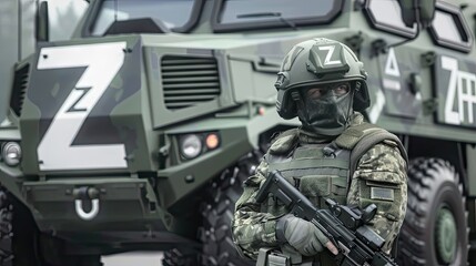 Fototapeta premium A Russian soldier standing guard in front of an abandoned military truck with the letter 