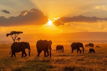 Fototapeta na wymiar Safari landscape with elephants grazing in the savannah under the sunset.