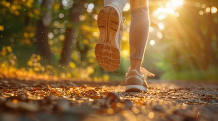 Determined feet strike the path in a rhythm of health and endurance, trainers showing wear.