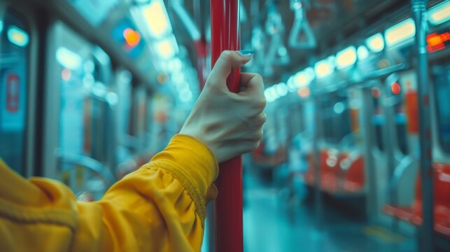 Commuter's grip on a subway handle, a snapshot of daily urban life.