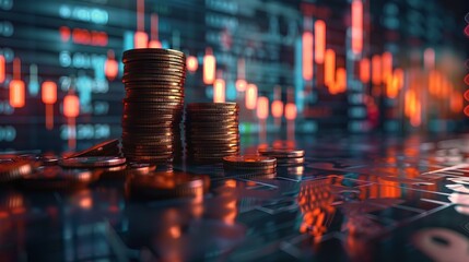 Wealth accumulation shown through increasing coin stacks and a bullish financial chart.