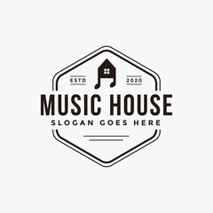 Emblem seal badge Music house logo template vector on white background, house and musical note symbol logo icon