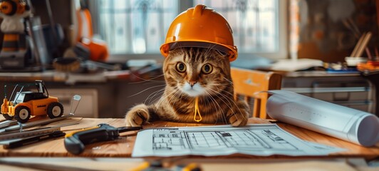 A playful tabby cat donning a construction helmet, perched amidst tools and blueprints. This whimsical scene adds a touch of humor to a construction setting.