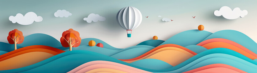 hot air balloon adventure among whimsical clouds over a colorful rolling landscape