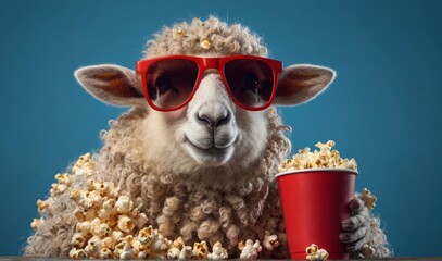 Obraz premium Funny hipster sheep with fashion sunglasses holds a red cup of cola and a basket of popcorn rest and watching a movie on a blue background. Creative idea, rest. Happy fun animal concept See Less