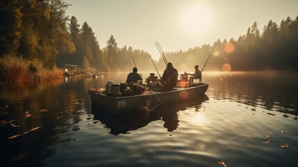 A group of people peacefully fishing in a boat on a calm lake - Powered by Adobe