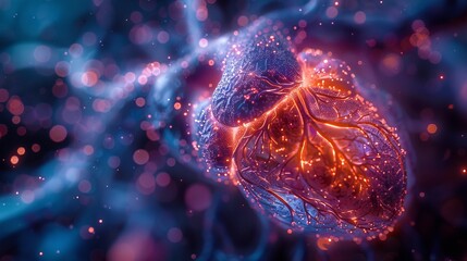 Stunning illustration of a bioengineered heart, glowing cells and tissues in vivid detail