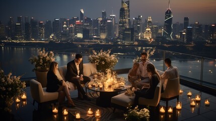 A diverse group of people sitting around a table illuminated by candles, engaged in deep conversation